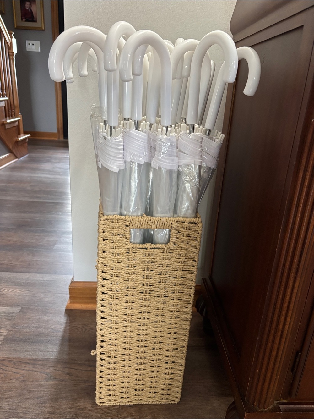 30 White Hook-Handle Umbrellas and Wicker Holder